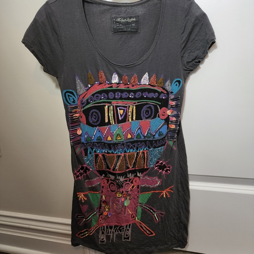 All Saints beaded / sequin monster tshirt tee sz 10